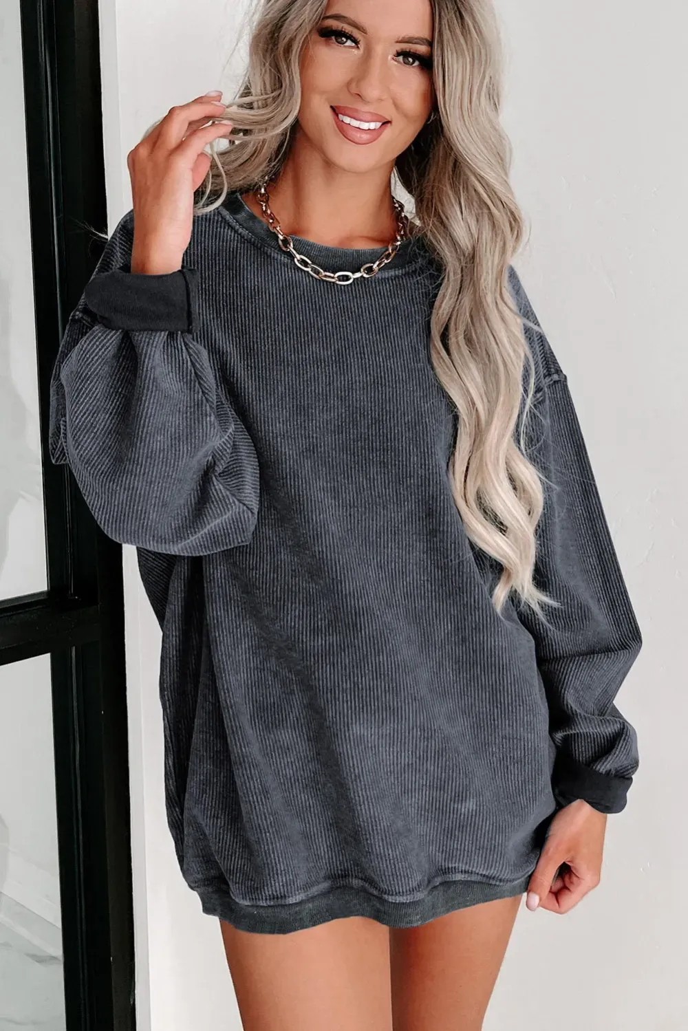 ✨ Women's Solid Color Ribbed Knit Round Neck Pullover Sweatshirt