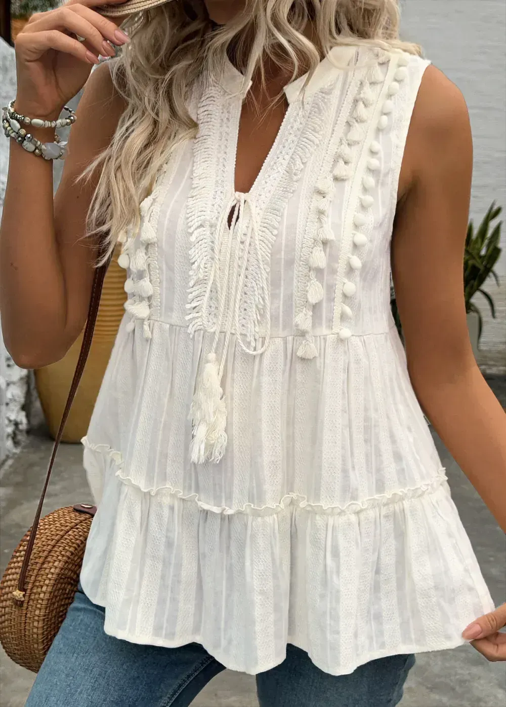 Beige Sleeveless V Neck Tank Top