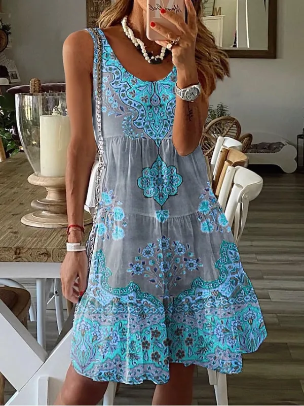 Women's Sundress Tank Dress Floral Ruched Print U Neck Midi Dress Tropical Vacation Beach Sleeveless Summer Spring