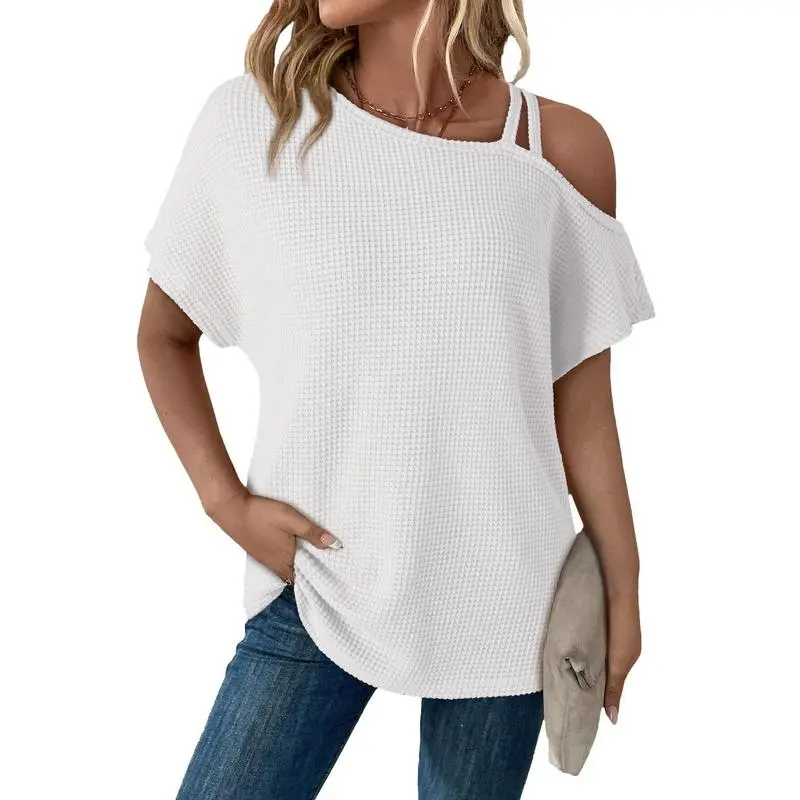 Women's Off Shoulder Waffle Knit Tops – Short Sleeve, Lightweight, Casual & Stylish