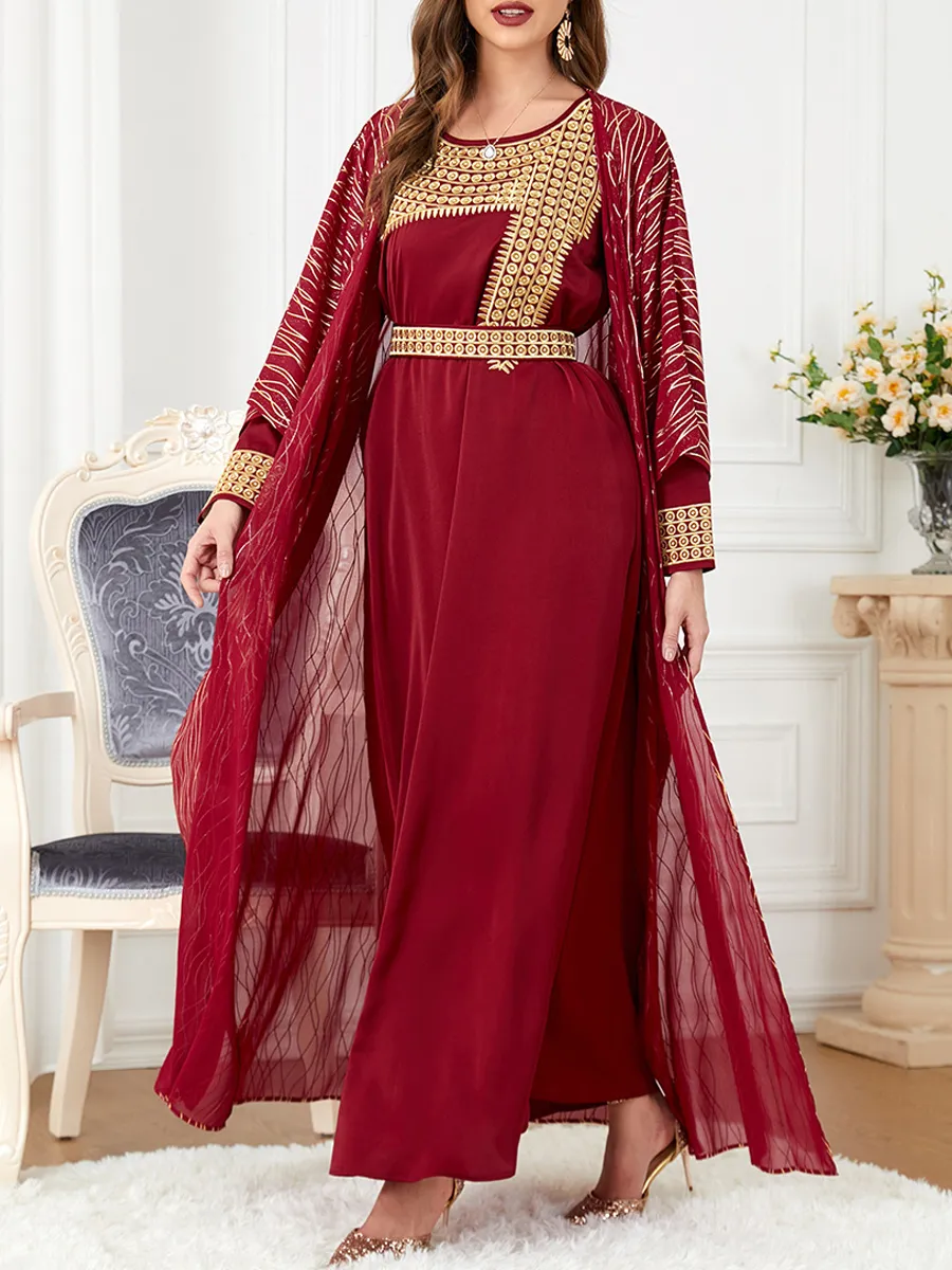 Round neck embroidery and gold stamping long sleeved dress cardigan two-piece set