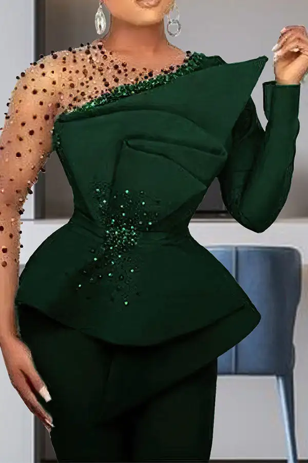 Patchwork Beaded Decor Glamorous Peplum Pant Suit
