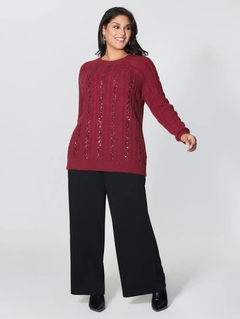 Cable Knit Textured Sequin Embroidered Pullover