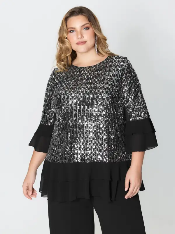 Sequin Layered Ruffled Sleeve Blouse