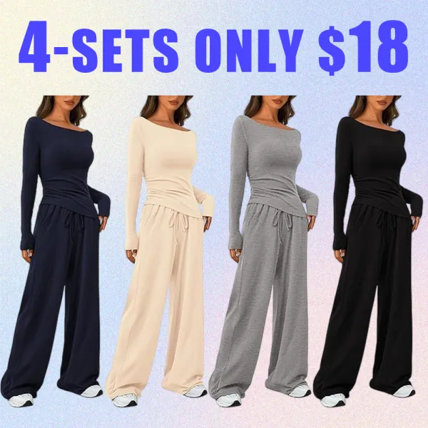 Women's 2-Piece Lounge Set – Asymmetrical Long Sleeve Top & Wide-Leg Pants, Casual Minimalist Tracksuit