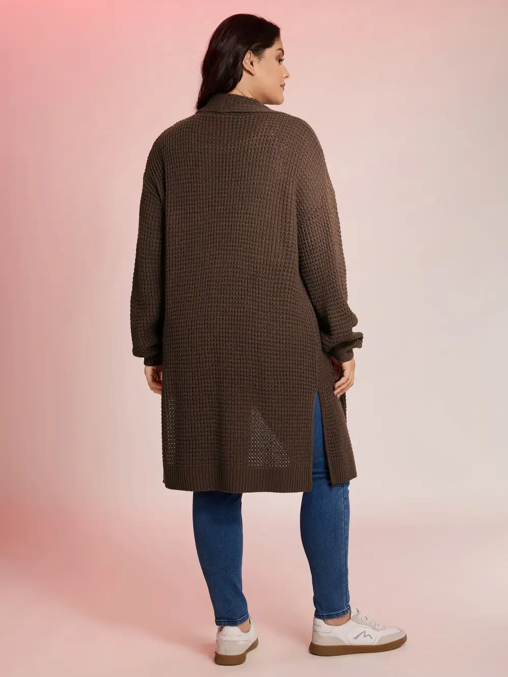 Folded Collar Pockets Slit Knit Cardigan