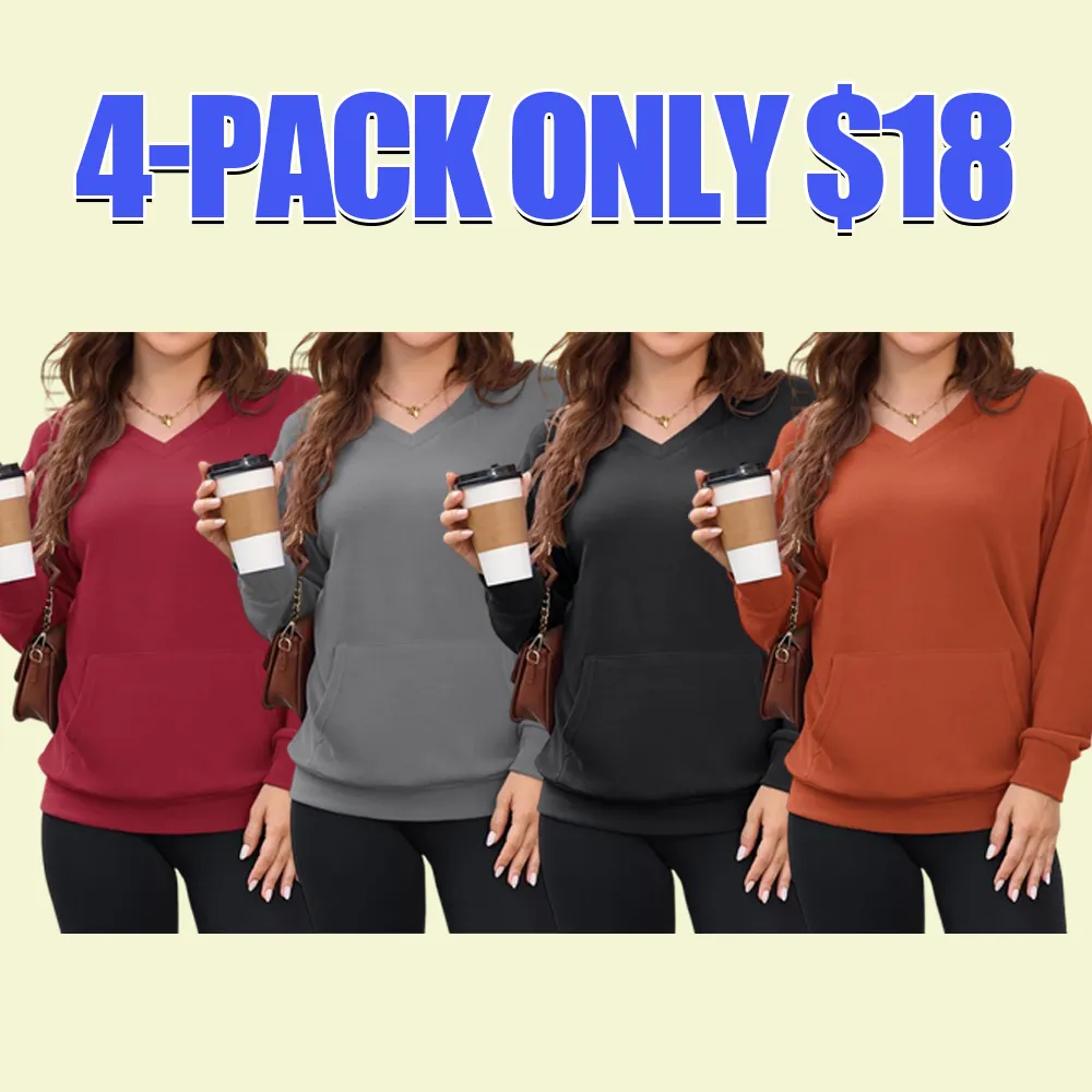 Women's Hoodless V-neck Sweatshirt With Kangaroo Pocket Fleece Longsleeve Oversized Casual Style Shirt