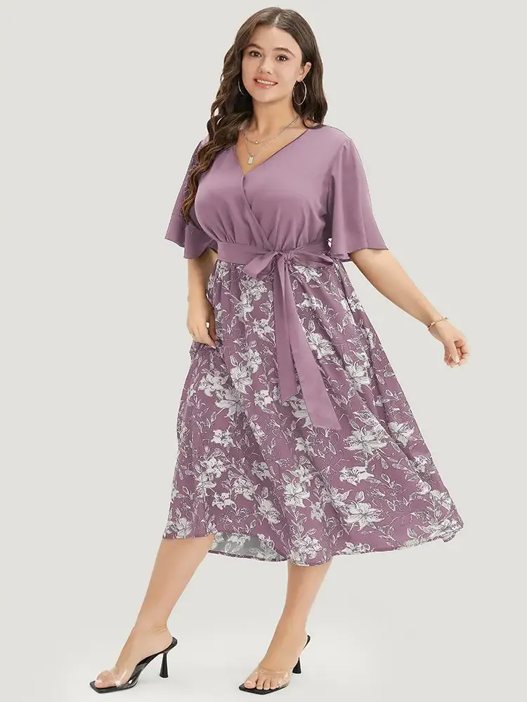 Floral Patchwork Pocket Belt Surplice Neck Ruffle Hem Dress