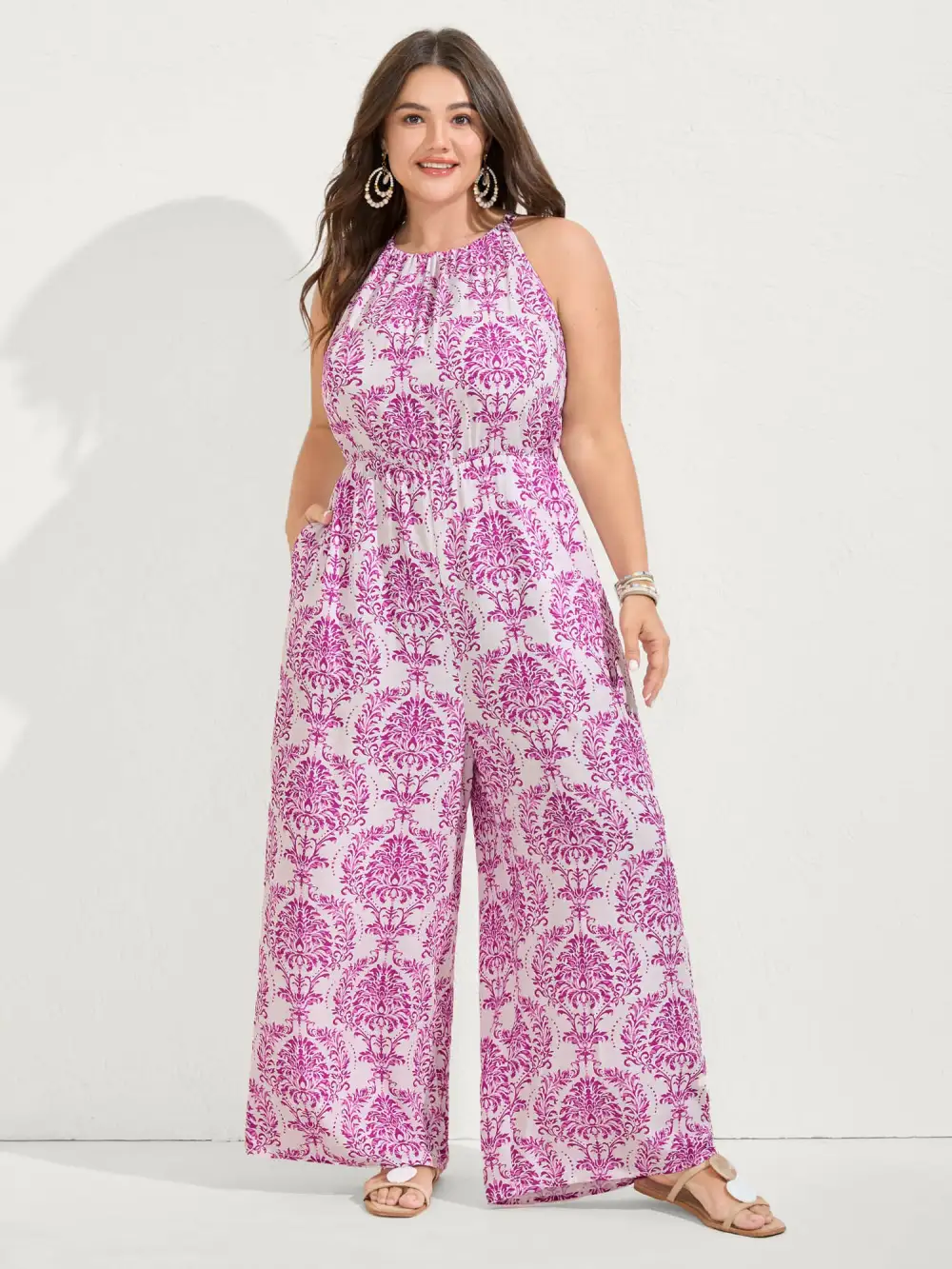 Rayon Damask Print Stretchy Waist Jumpsuit