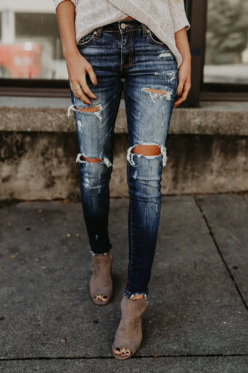 Buttoned Ripped Raw Hem Skinny Jeans