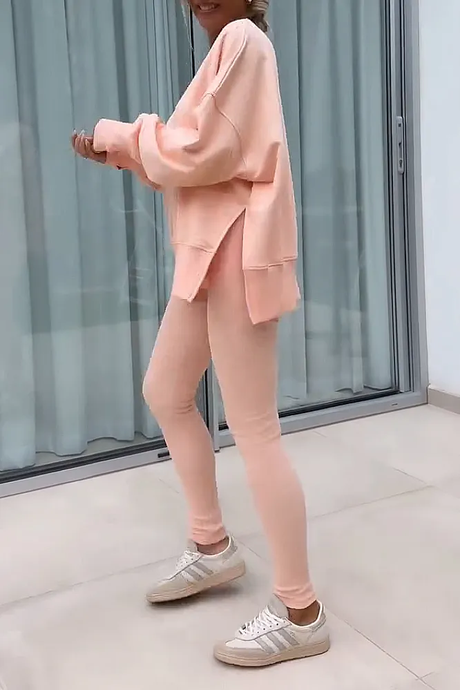 Women's solid color round neck top and pants two-piece set
