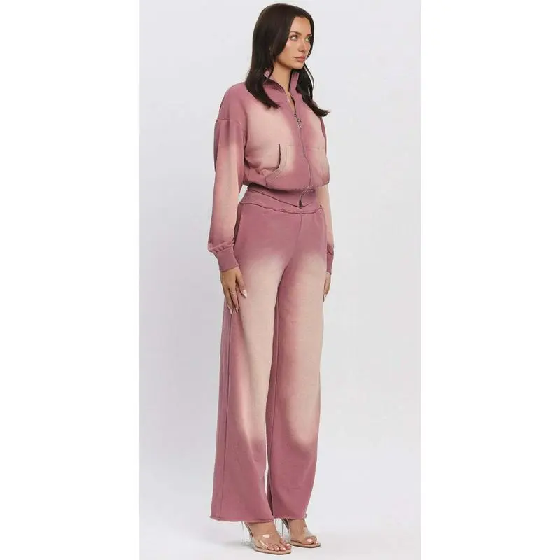 Ombre Zip - Up 2 Pieces Set Cropped -Sweatshirt & Wide - Leg Pants