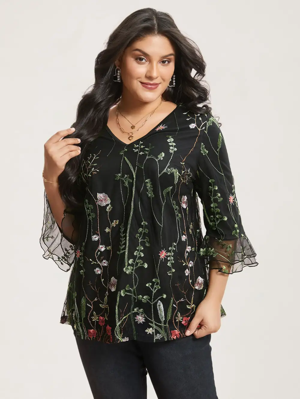 Embroidered Mesh Lotus Leaf Sleeve Blouse
