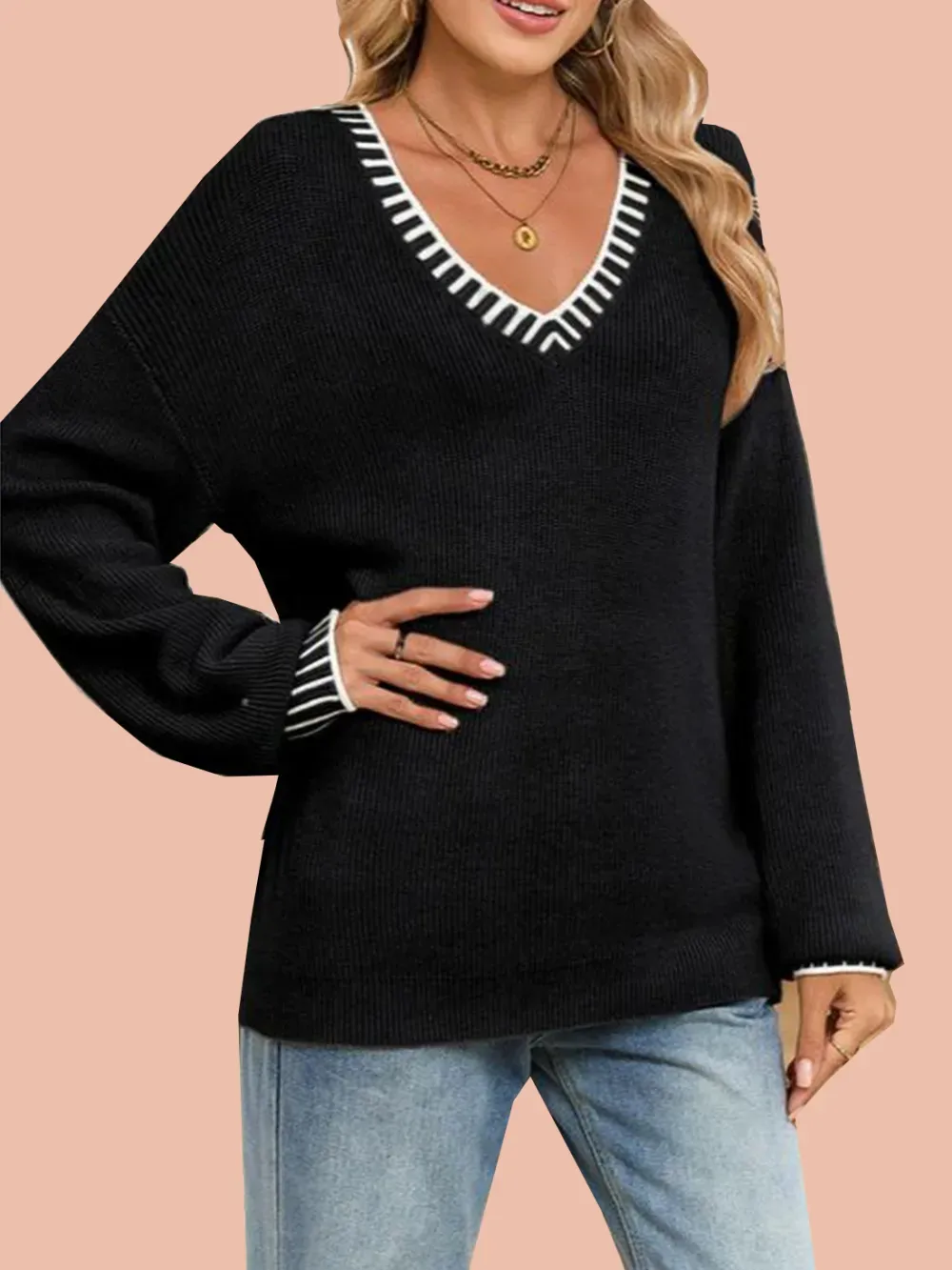 Women's V neck Long Sleeve Pullover Sweaters