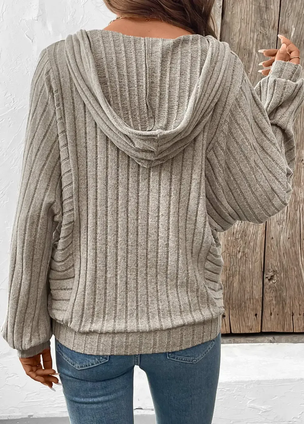 Gray Brown Tummy Coverage Long Sleeve V Neck Hoodie