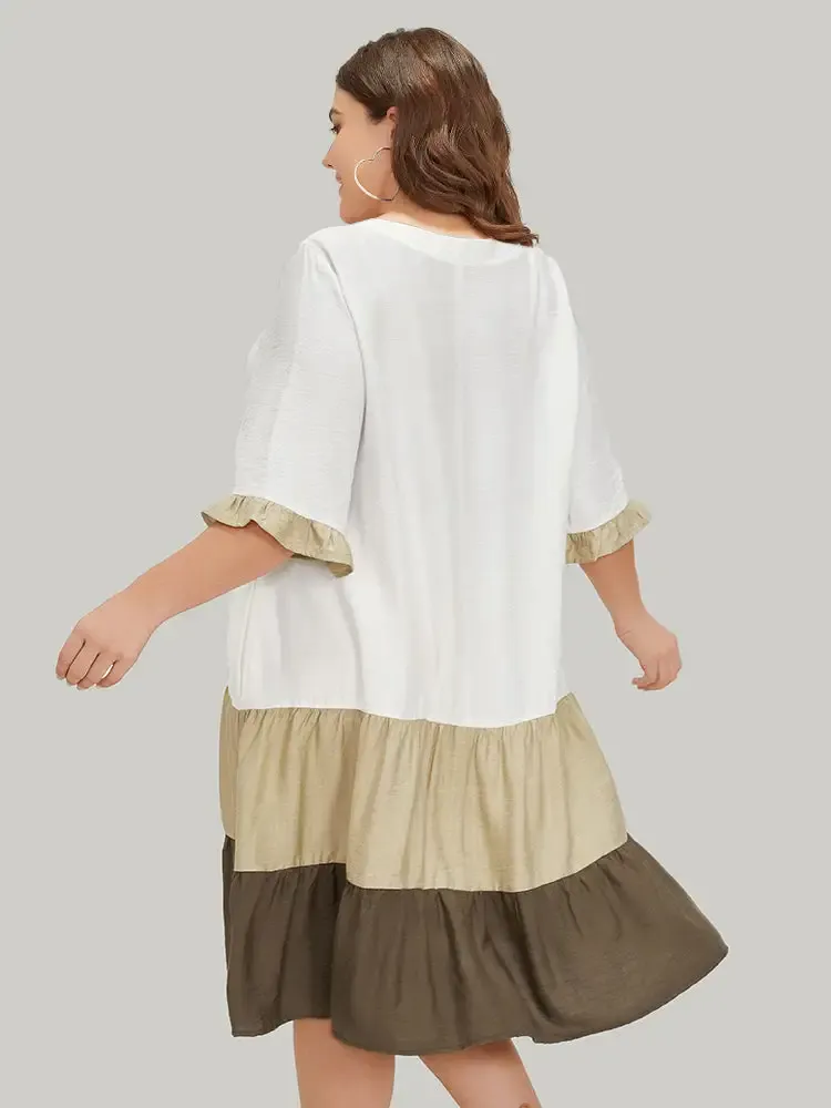 Color Block Contrast Pocket Pleated Knot Neck Dress