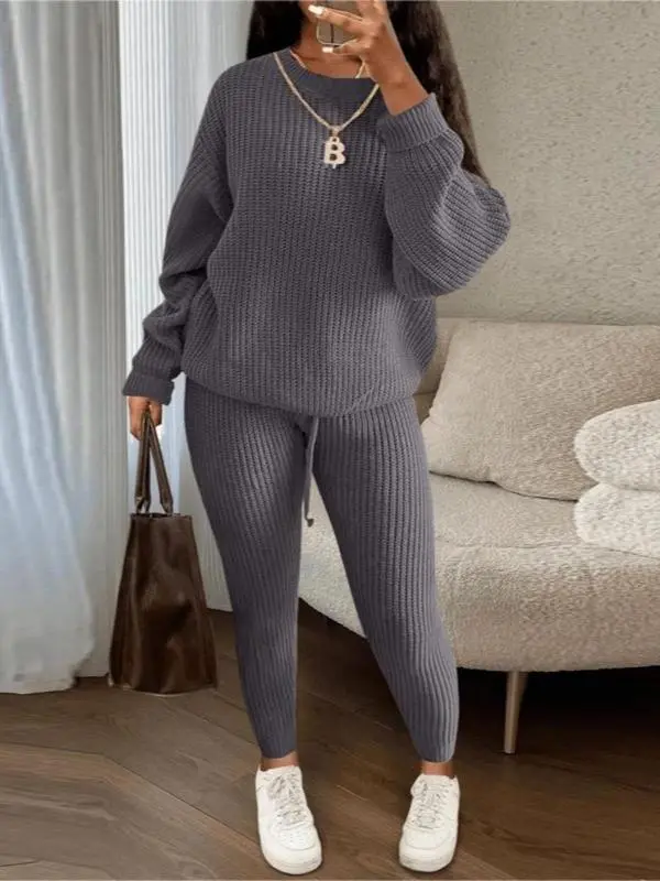 Women's Solid Drop Shoulder Long Sleeve Sweater & Drawstring Waist Pants Set