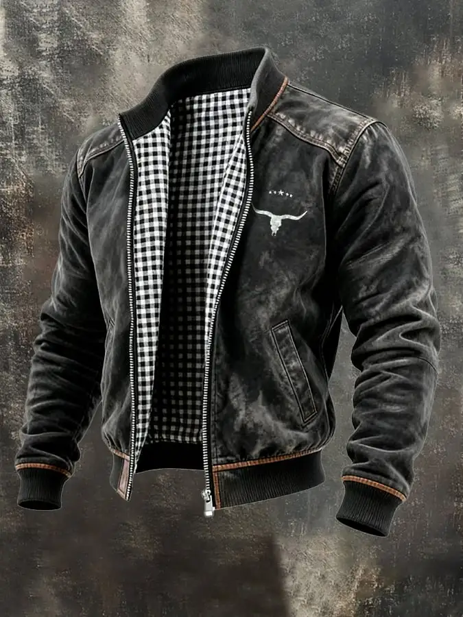 Men's Vintage Suede and Plaid Lining Multi-Pocket Outdoor Jacket