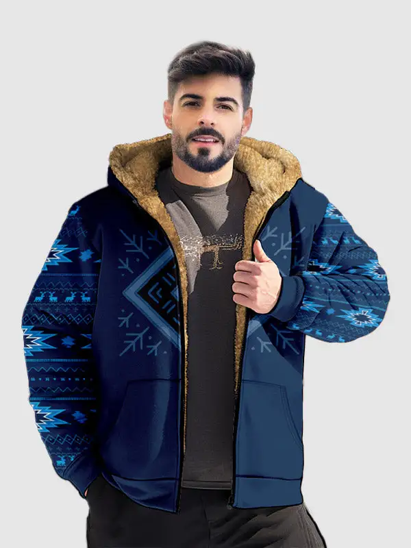 Men's Retro Ethnic Zip Printed Fleece Hoodie Jacket