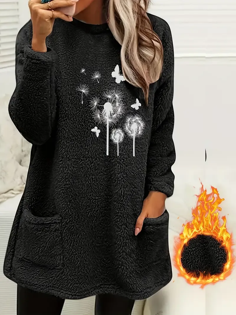 Chic & Cozy Dandelion-Butterfly Print Crew Neck Sweatshirt - Casual, Warm Winter Essential with Pocket