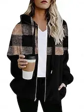 Women's Winter Coat Winter Jacket Teddy Coat Hoodie Jacket Outdoor Street Daily Fall Winter Regular Coat Regular Fit Warm Breathable Comtemporary Stylish Jacket Long Sleeve Stripes and Plaid with