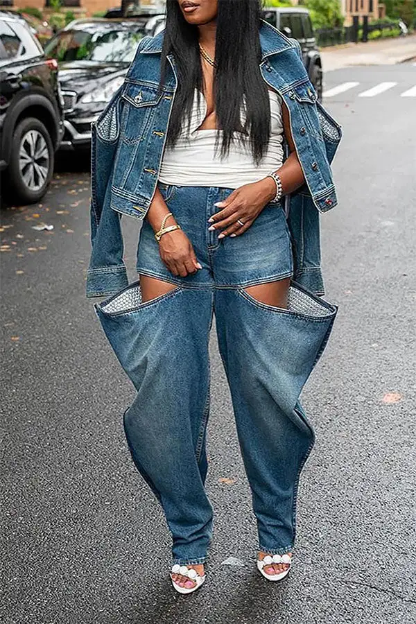 Blue Cold-Shoulder Denim Jacket