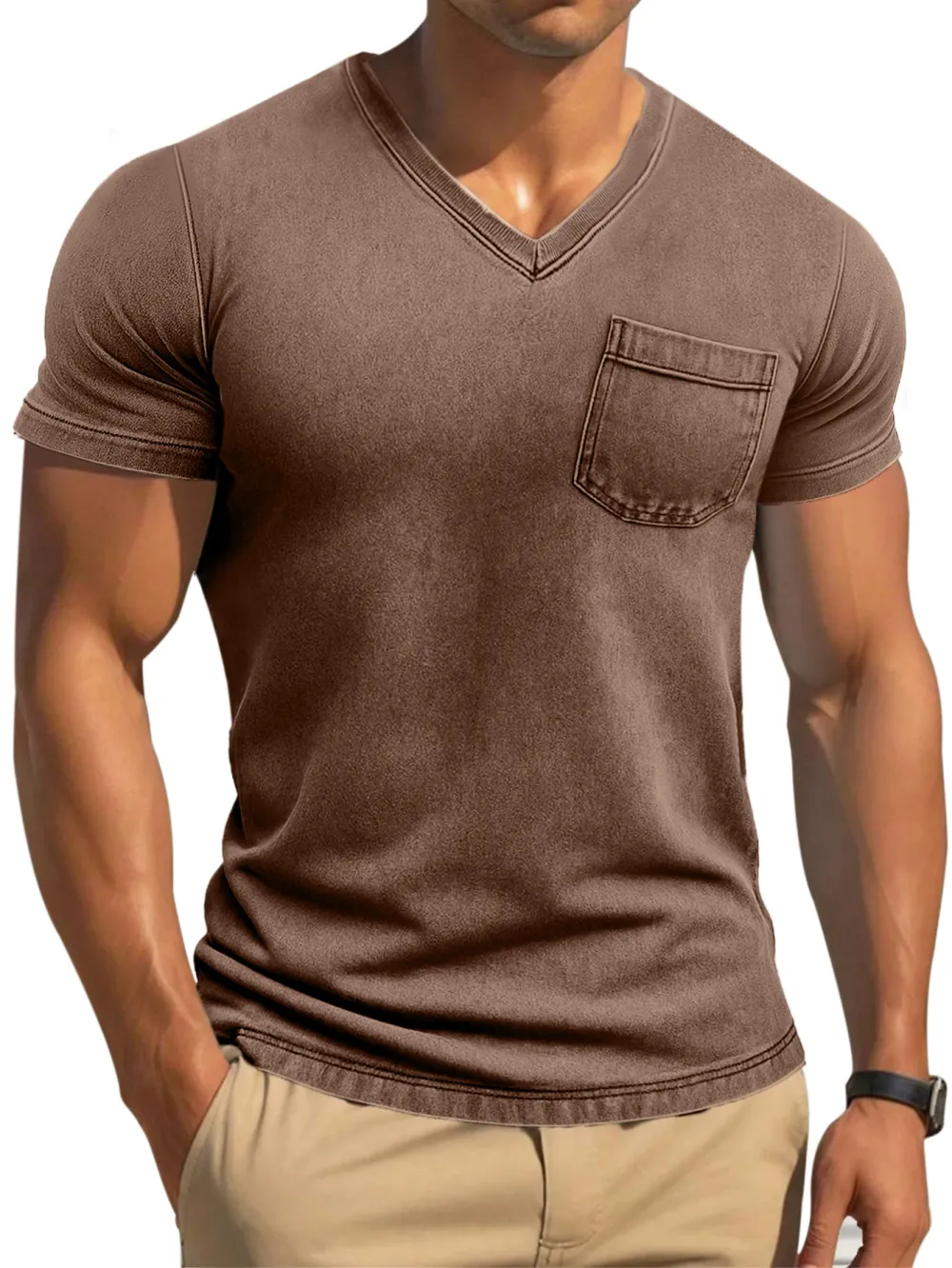 Men's Retro Solid Color Tight And Comfortable V-neck Short-sleeved T-shirt