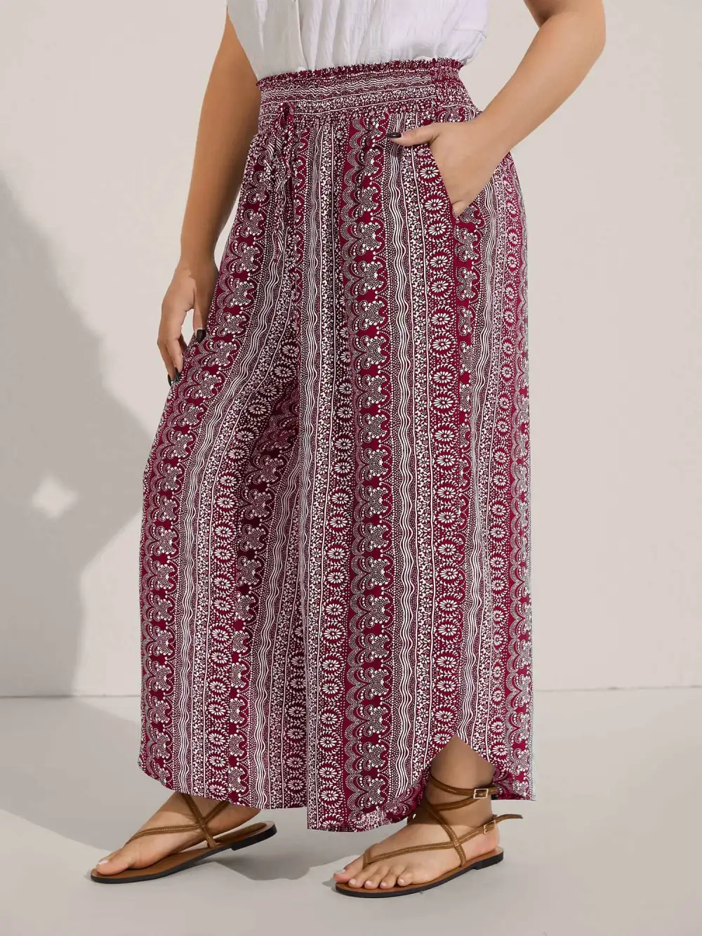 Boho Print Shirred Waist Wide-Leg Pants