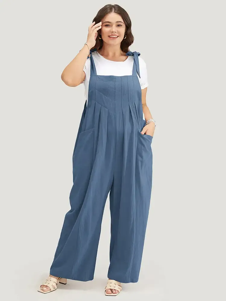 Solid Pleated Detail Pocket Knotted Shoulder Overall Jumpsuit
