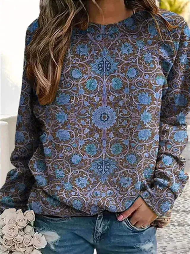 Women's Sweatshirt Pullover Vintage Sports Fashion Red Blue Green Floral Vintage Ethnic Street Casual Round Neck Long Sleeve Top Micro-elastic Fall & Winter
