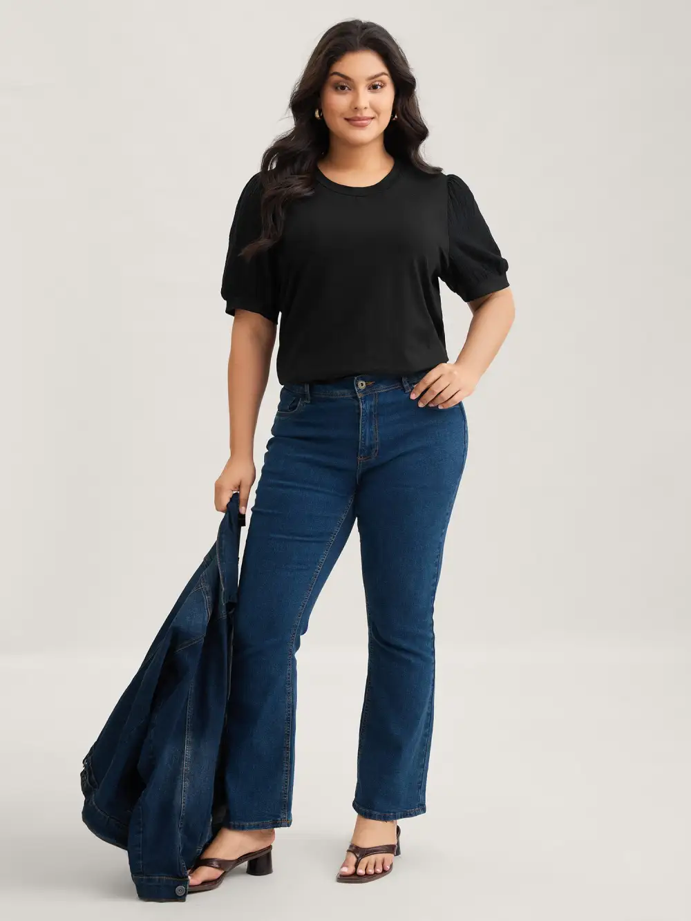 Plain Textured Patchwork Lantern Sleeve T-Shirt