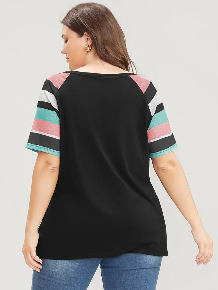 Striped Contrast Raglan Sleeve Round Neck T-shirt