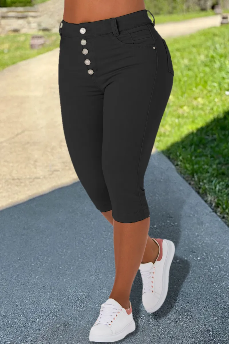 Solid Button Fly High Waist Capri Jeans
