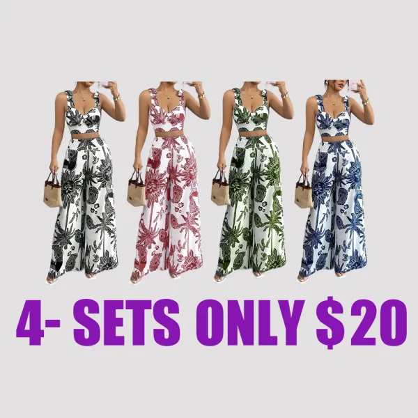 Women's 2-Piece Boho Print Crop Top & Wide Leg Pants Set – Sleeveless Beach Outfit for Summer Vacation