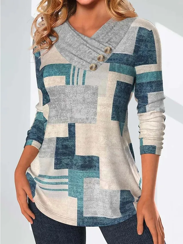 Women's Sweatshirt Pullover Fashion Basic Elegant Button Green Geometric Street Casual V Neck Long Sleeve Top Micro-elastic Fall & Winter
