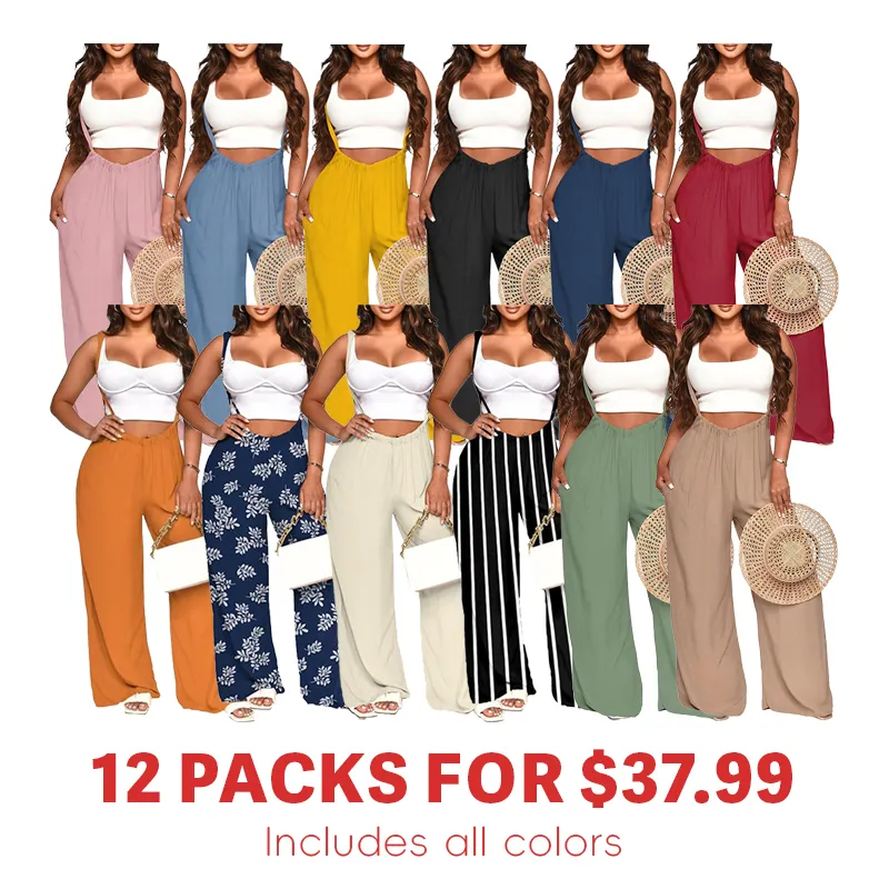 Womens Jumpsuit Casual Loose Sleeveless Adjustable Spaghetti Straps Wide Leg Pants Baggy Overalls With Pockets