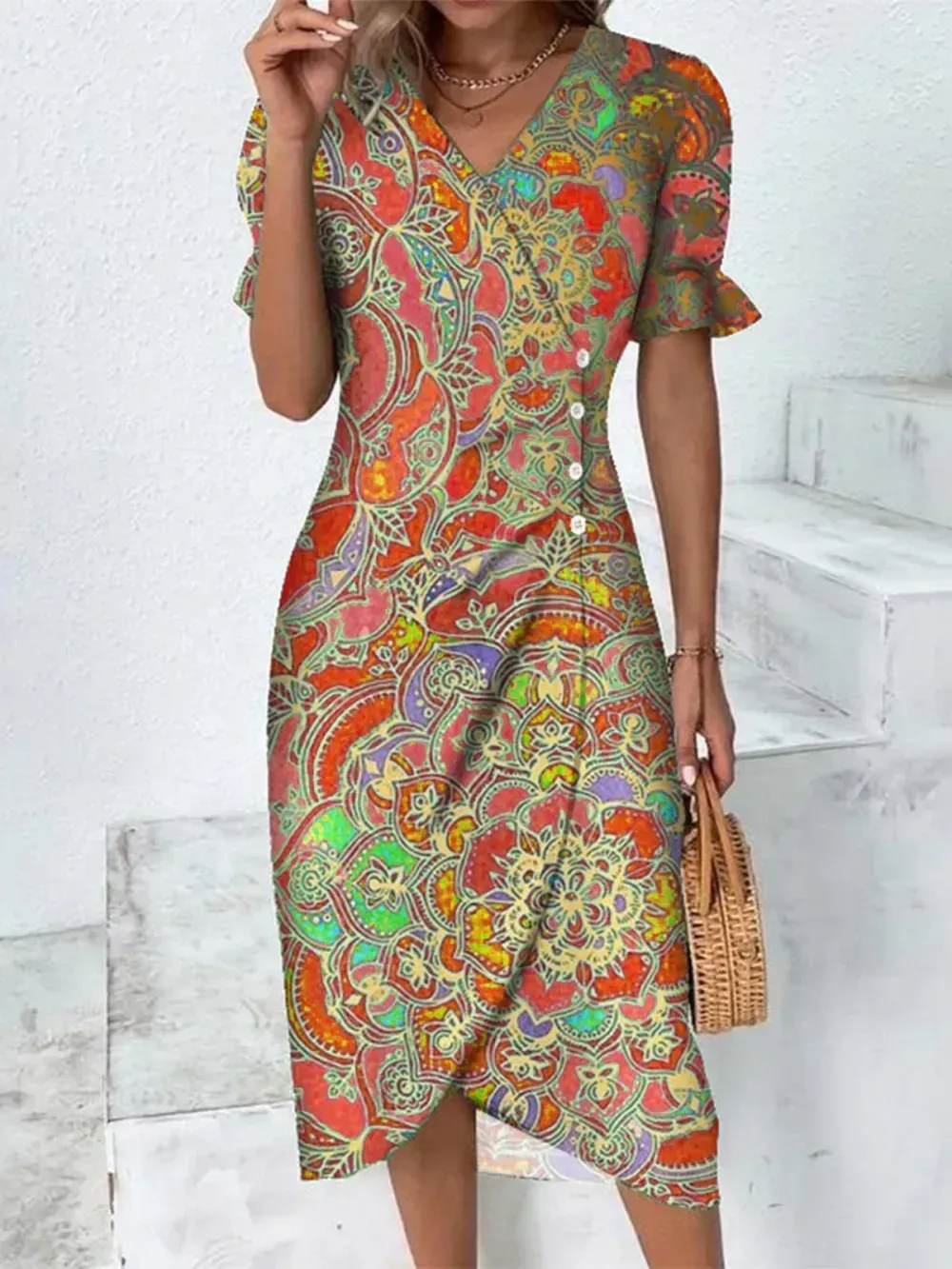 Ethnic V Neck Elegant Dress