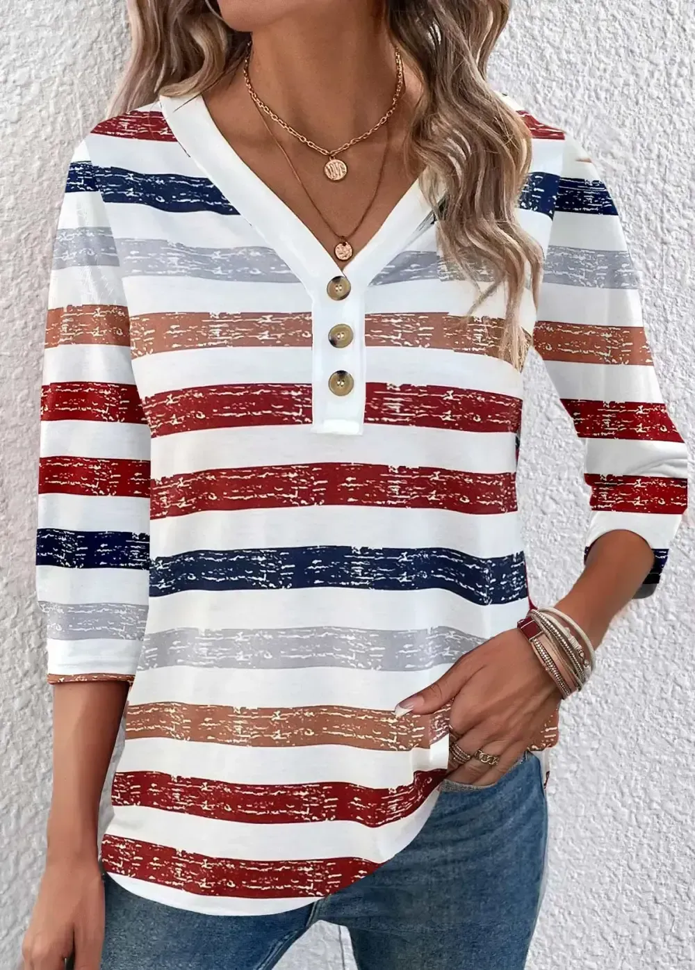 Multi Color Button 3/4 Sleeve V Neck T Shirt