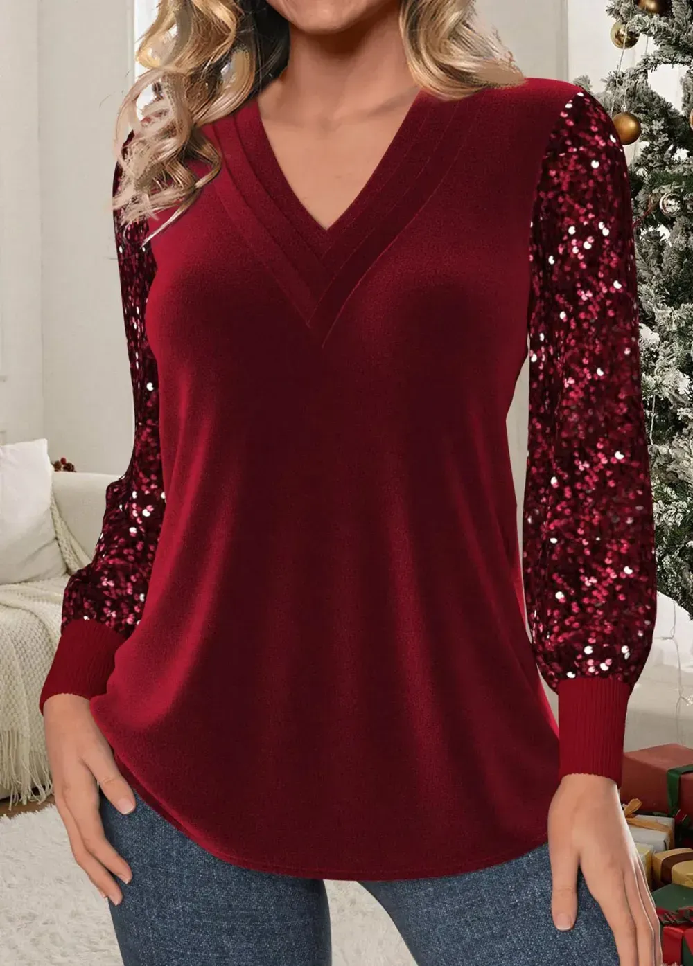 Wine Red Velvet Long Sleeve V Neck T Shirt