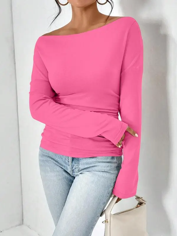 Women's Ruched Asymmetrical Neck Drop - Shoulder Tee