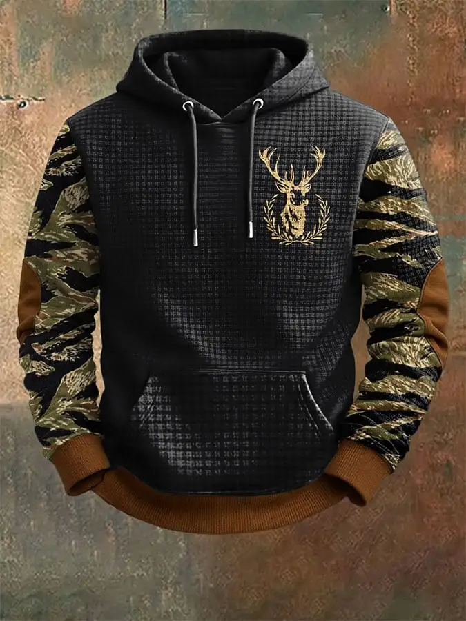 Men's Vintage Western Elk Print Jacquard Hoodie
