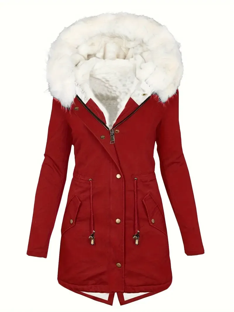 Faux Fur Hood Drawstring Parka Coat, Zip Up Button Front Pocket Thermal Overcoat