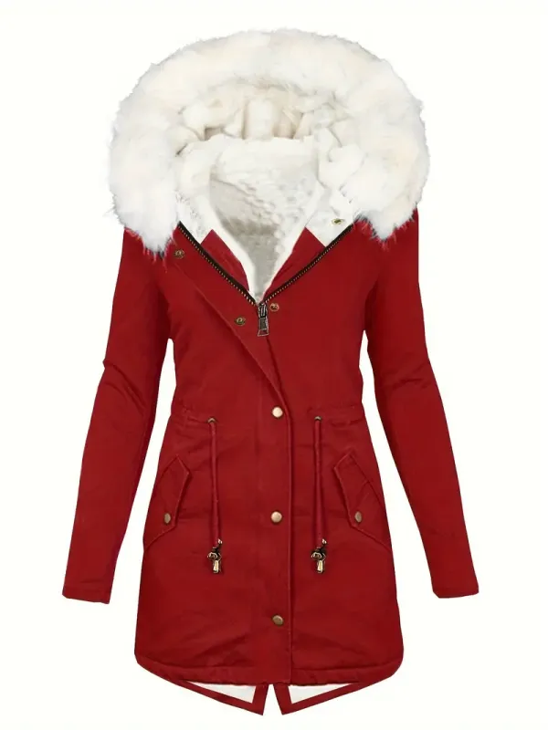 Faux Fur Hood Drawstring Parka Coat, Zip Up Button Front Pocket Thermal Overcoat