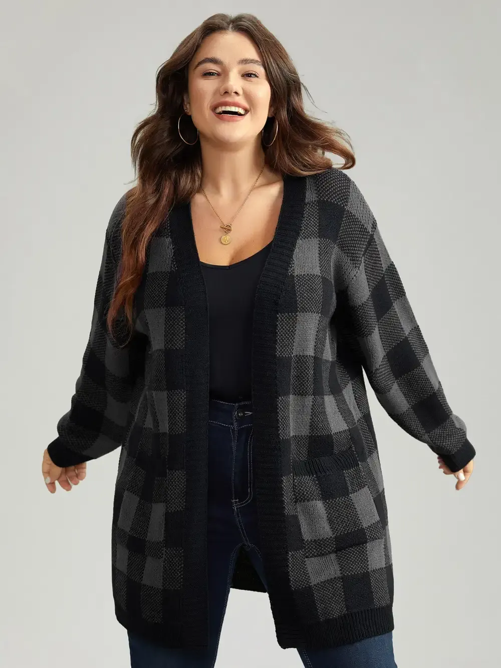 Plaid Patched Pocket Loose Cardigan