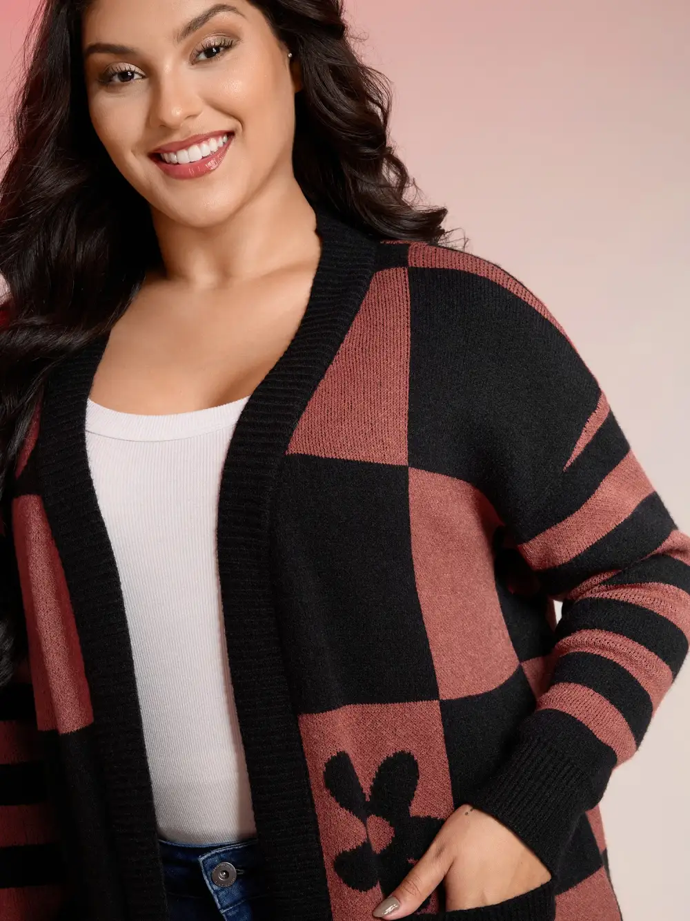 Supersoft Checkered Floral Superstretchy Knit Cardigan