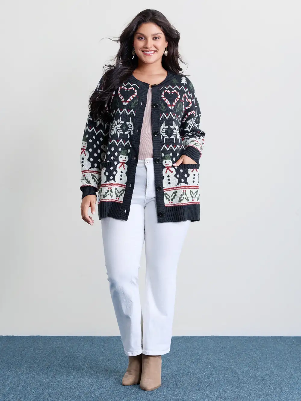 Snowman Holiday Jacquard Pockets Knit Cardigan