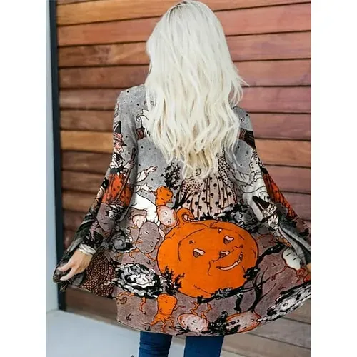 Halloween Women's Coat Lightweight Comfortable Pumpkin Print Vintage Artistic Casual Skull Casual Long Collarless Regular Fit Long Sleeve Outerwear Black White Pink Spring Fall
