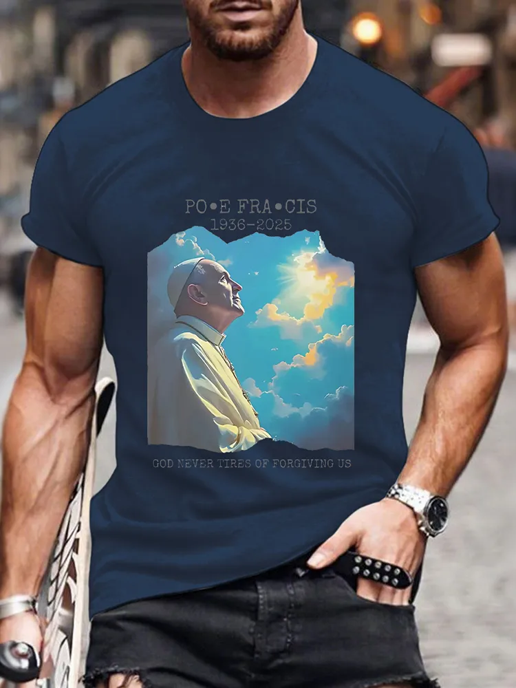 Men's Rip 1936-2025 God Never Tires Of Forgiving Us Print Short Sleeve Round Neck Cotton T-Shirt