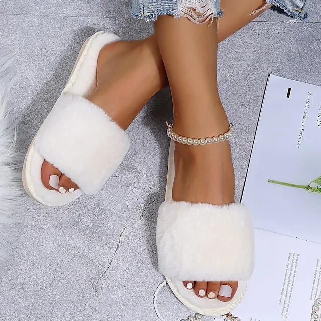 Women's Slippers Furry Feather Fuzzy Slippers Fluffy Slippers House Slippers Home Daily Solid Color Winter Flat Heel Open Toe Casual Comfort Minimalism Walking Suede Wine Red Black White