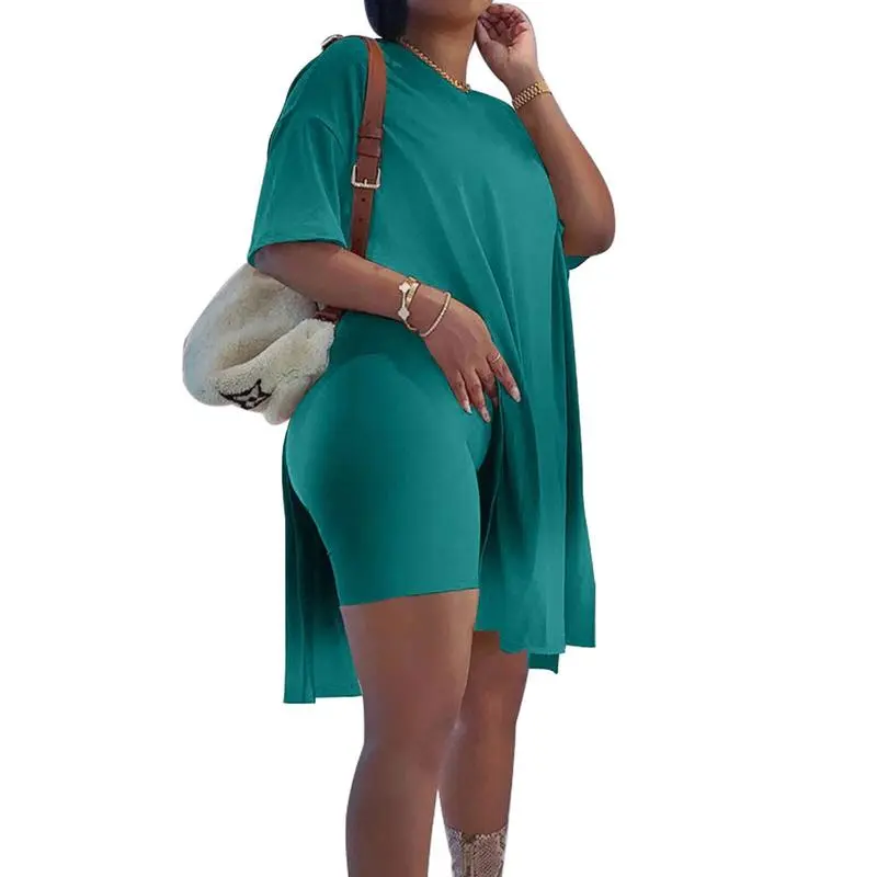 Women Plus Size 2 - Piece Outfits: Crewneck Short Sleeve Tunic & Skinny Biker Shorts Sets